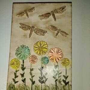 Wood Key Holder w/ Flowers and Dragonflies. Handmade. 3 Key Hooks at Bottom.